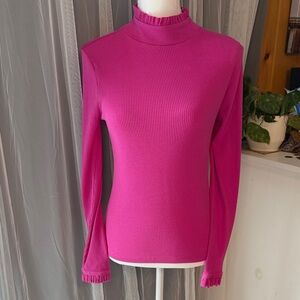 J. Crew Classic Pink Ribbed Mock Neck Long Sleeve Top with Ruffle Trim